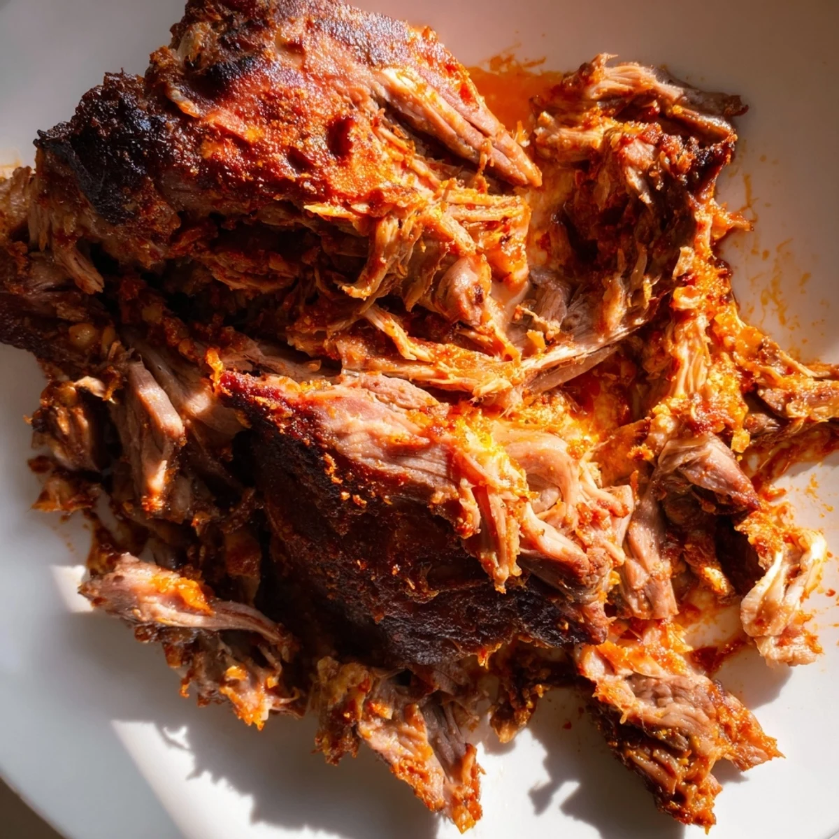 A close-up of slow roasted harissa lamb shoulder glistening with a deep red crust and aromatic spices on a rustic platter.  