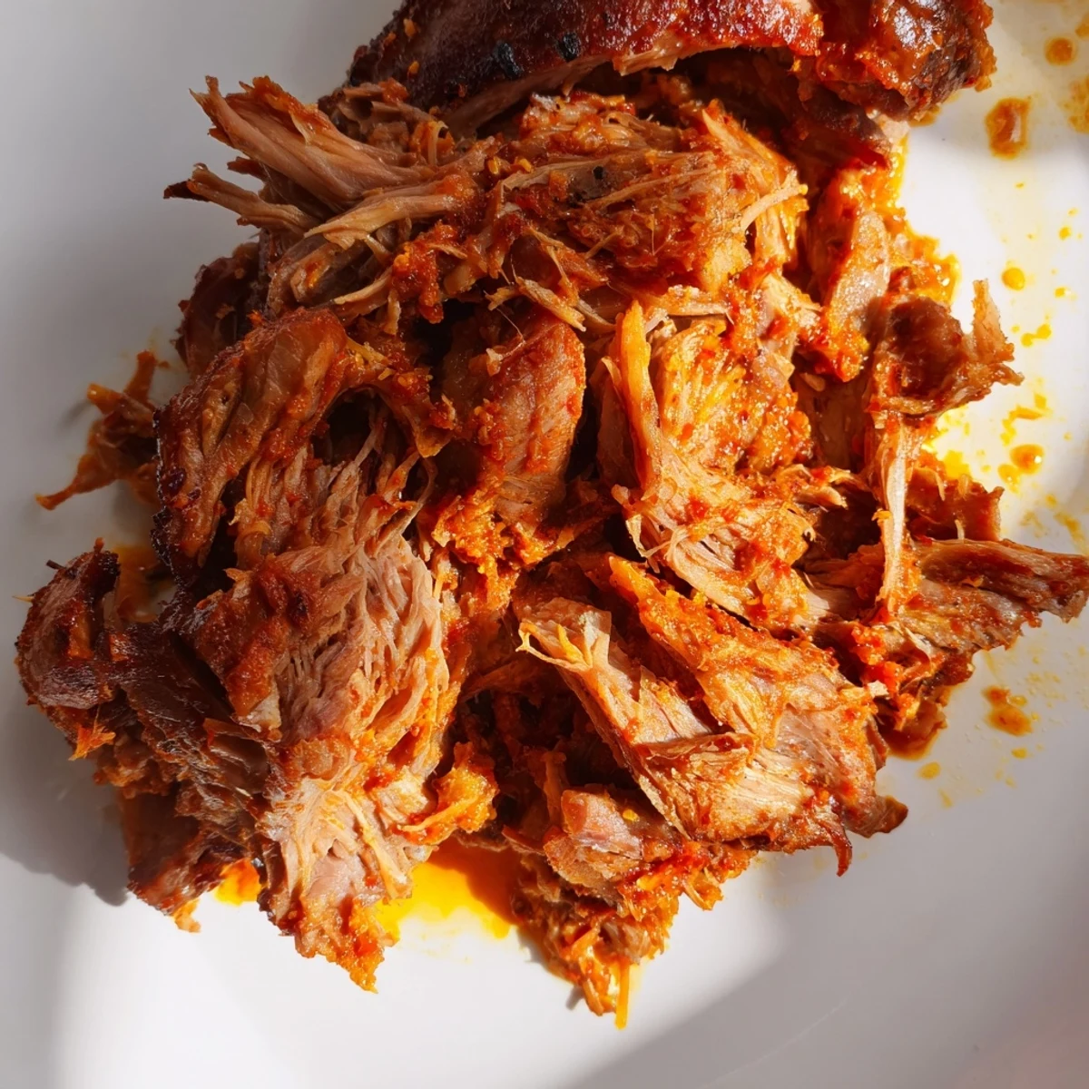 Golden shredded slow roasted harissa lamb shoulder on a wooden board, ready for serving at a family gathering.