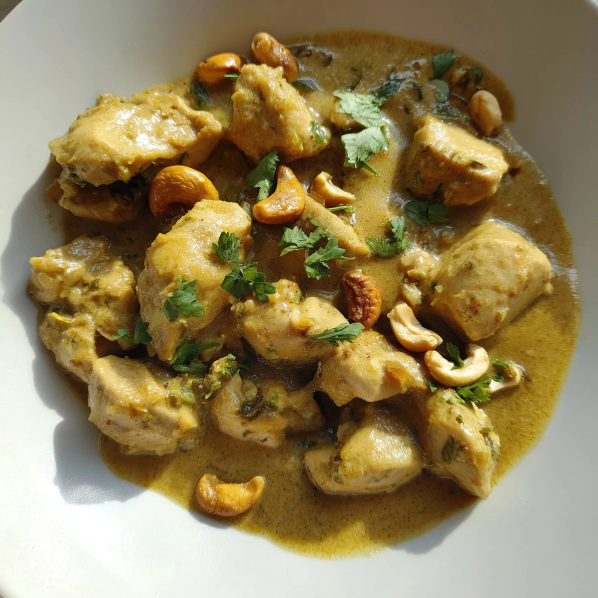 A vibrant serving of Sri Lankan Coconut and Cashew Chicken with Saffron Rice on a plate, next to a glass of white wine.