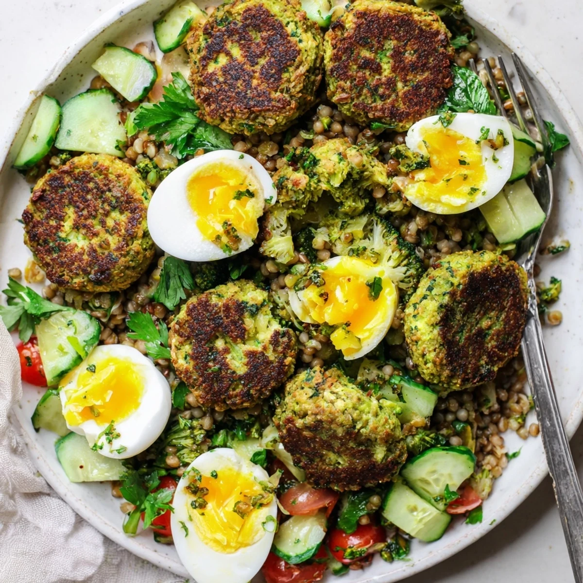 Golden-brown broccoli falafels with buckwheat, egg, and herb salad arranged on a white plate for a wholesome lunch.
