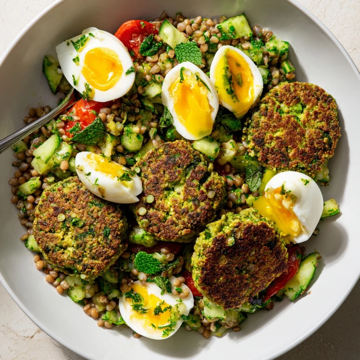 Fresh buckwheat salad with herb-flecked broccoli falafels and soft boiled eggs atop a rustic wooden table.