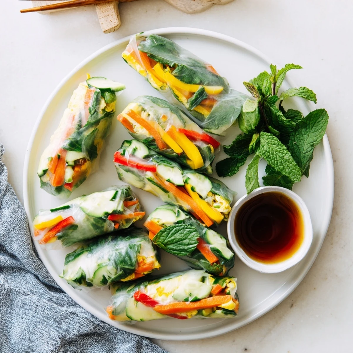 Freshly rolled Omelette Spring Rolls with vibrant vegetables and herbs on a plate with dipping sauce.
