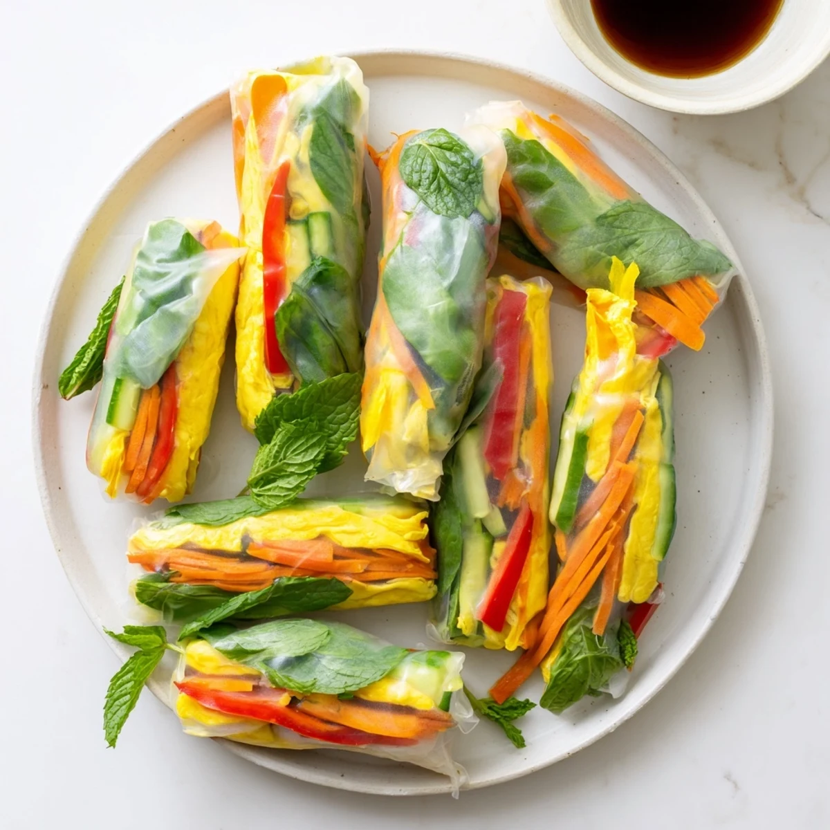 Close-up of Omelette Spring Rolls featuring tender omelette, crunchy bell pepper, and leafy spinach in rice paper.