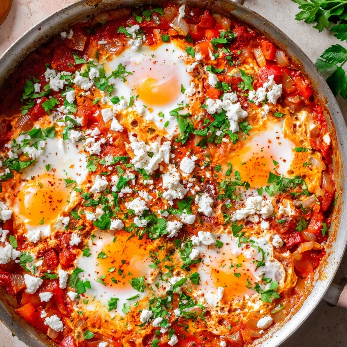 Steam rises from a skillet of Quick Shakshuka Eggs, with runny yolks nestled in a vibrant tomato and pepper sauce.