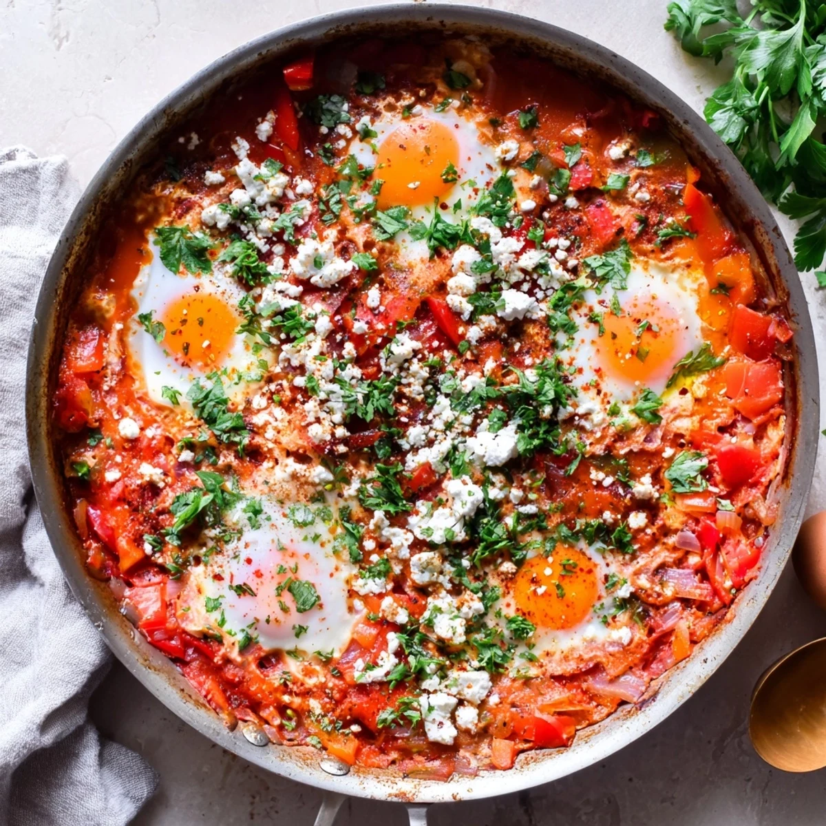 A close-up of Quick Shakshuka Eggs in a cast-iron pan, garnished with fresh cilantro and served alongside crusty bread.