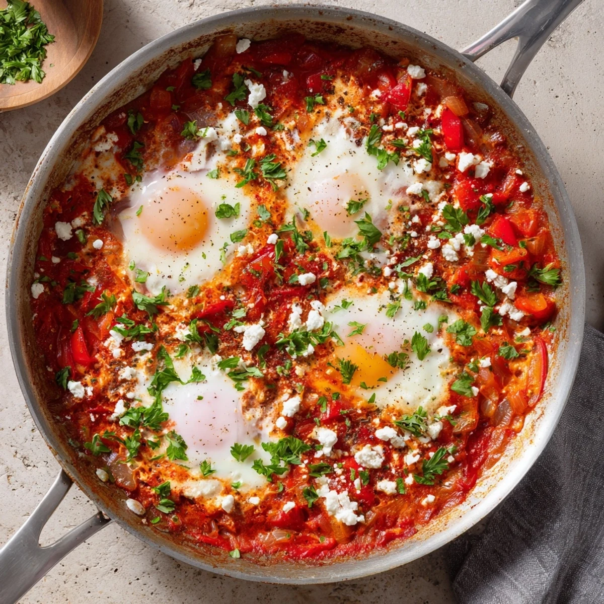 Hearty serving of Quick Shakshuka Eggs topped with crumbled feta, perfect for a spiced vegetarian breakfast or dinner.