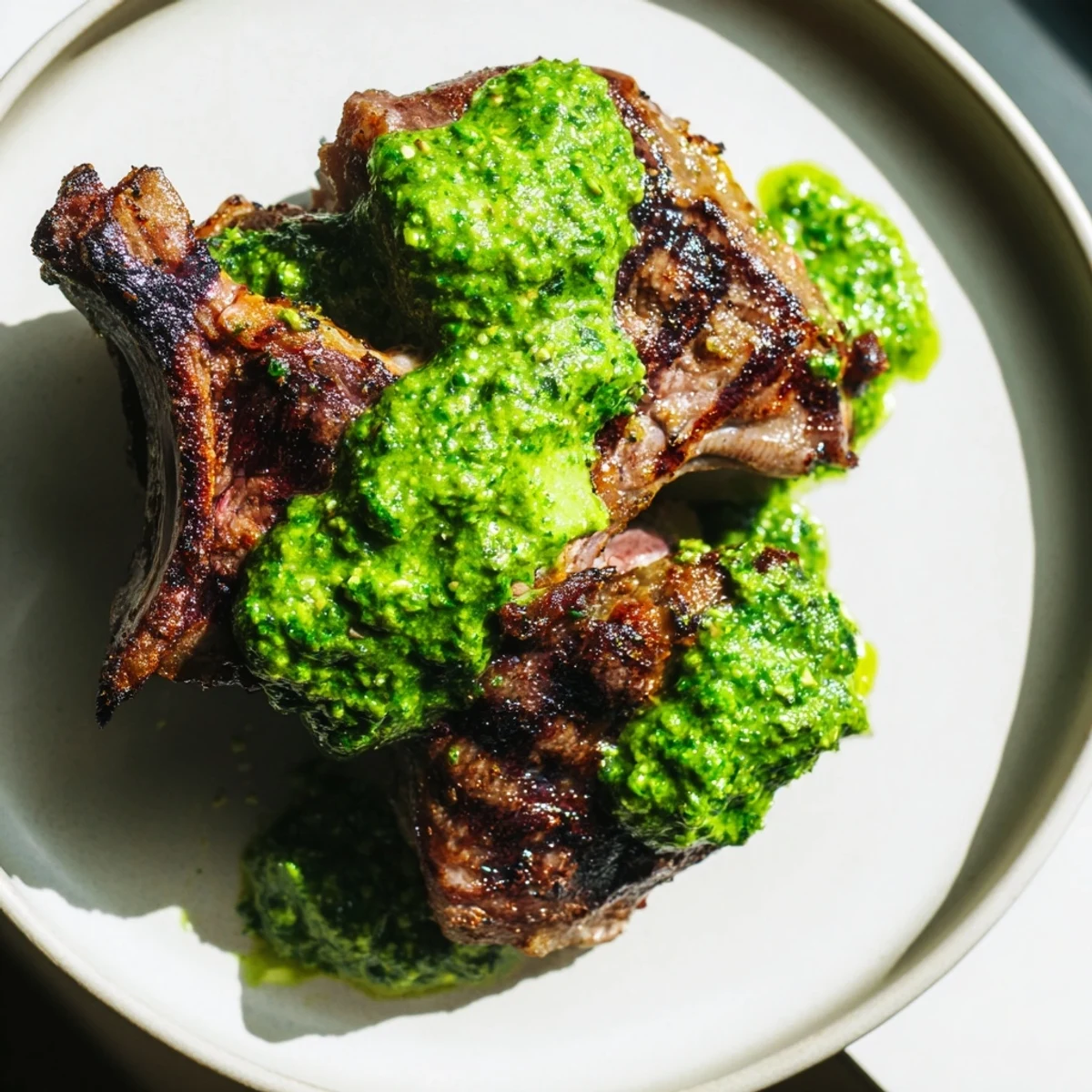 Grilled BBQ lamb chops topped with vibrant avocado chimichurri dressing for a summer feast.