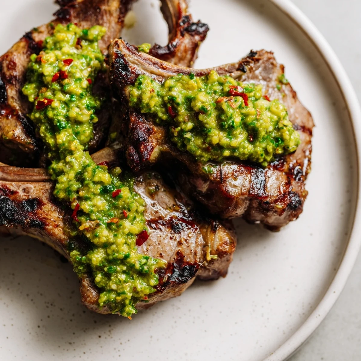 Juicy medium-rare lamb chops served with creamy herb avocado chimichurri on a plate.