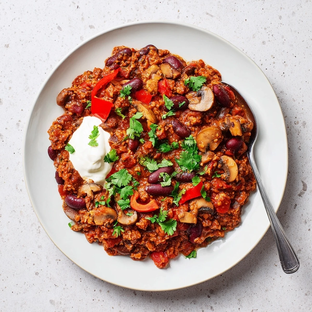A close-up photo of homemade Chilli Mushroom Con Carne served in a rustic bowl, topped with fresh cilantro, a dollop of sour cream, and lime wedges.
