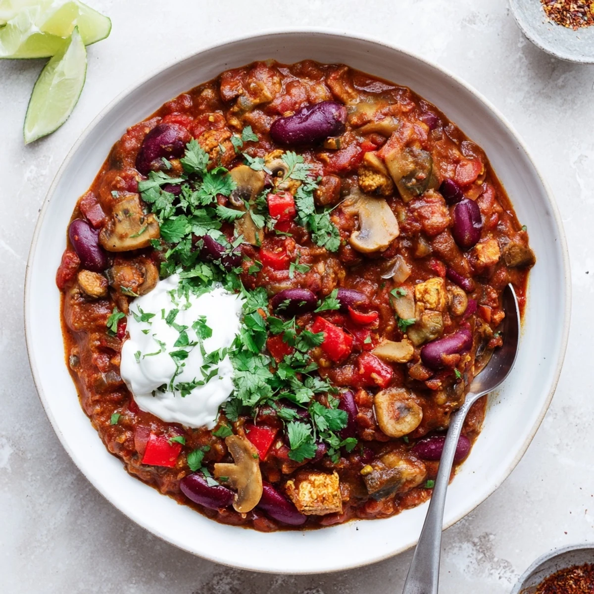 Chilli Mushroom Con Carne garnished with chopped cilantro and served alongside warm tortilla chips on a wooden table, perfect for a hearty meal.