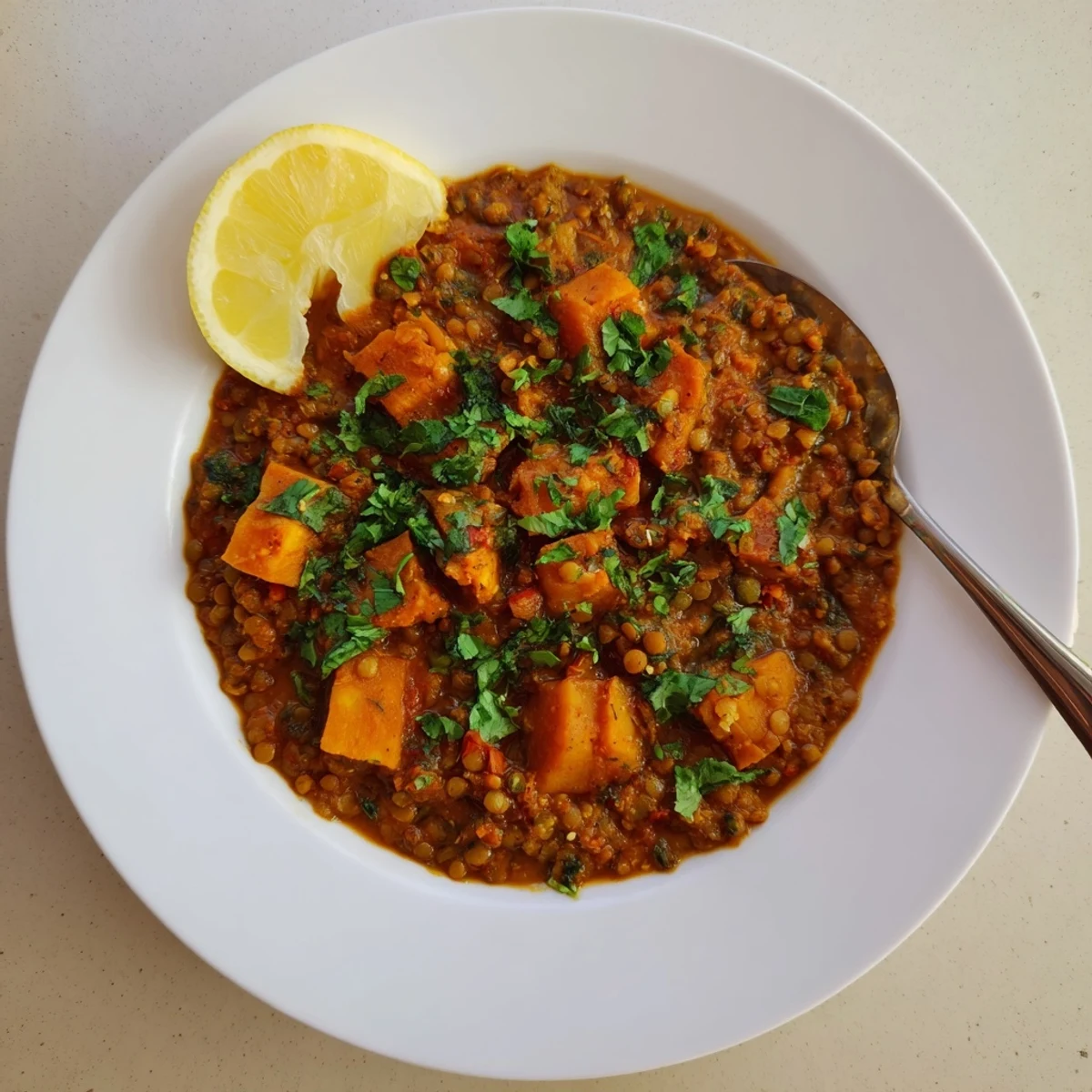 A close-up of vegan pumpkin and lentil Rogan Josh curry served over fluffy basmati rice.