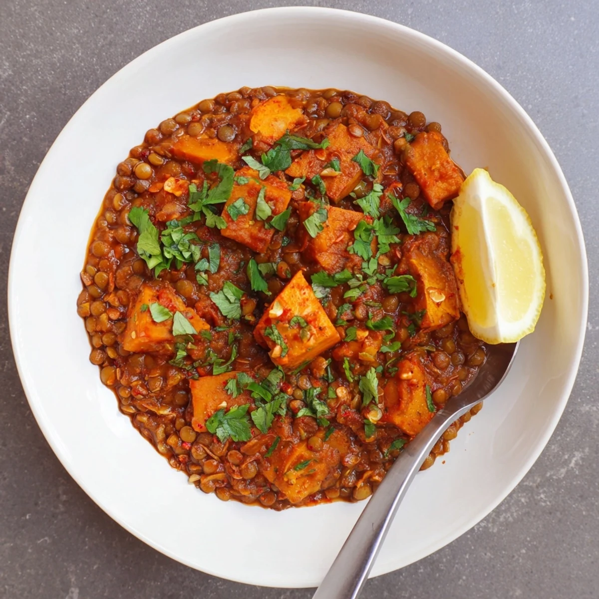 Creamy pumpkin and lentil Rogan Josh curry simmering in a pot with aromatic spices and fresh cilantro.
