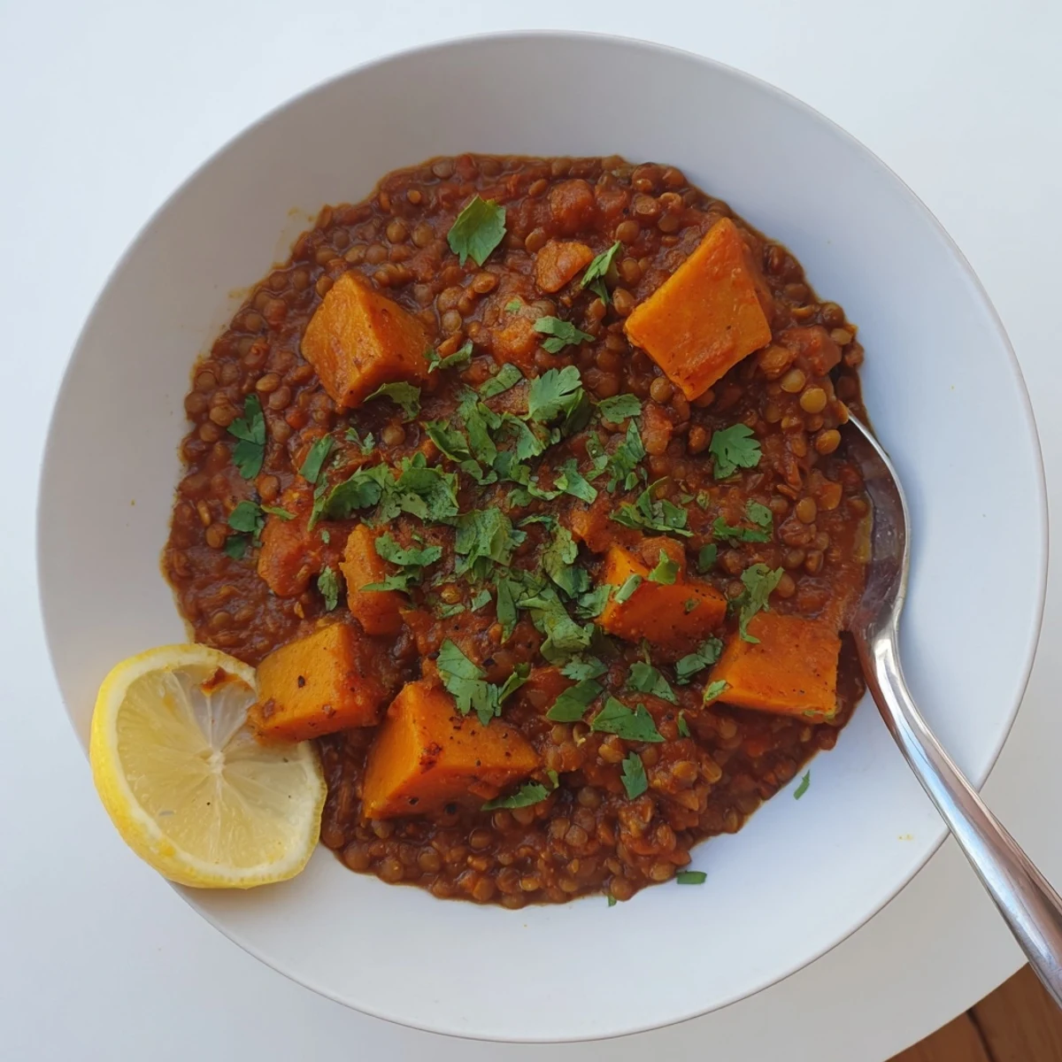 Warm, hearty pumpkin and lentil Rogan Josh curry topped with lemon wedges and cilantro for dinner.