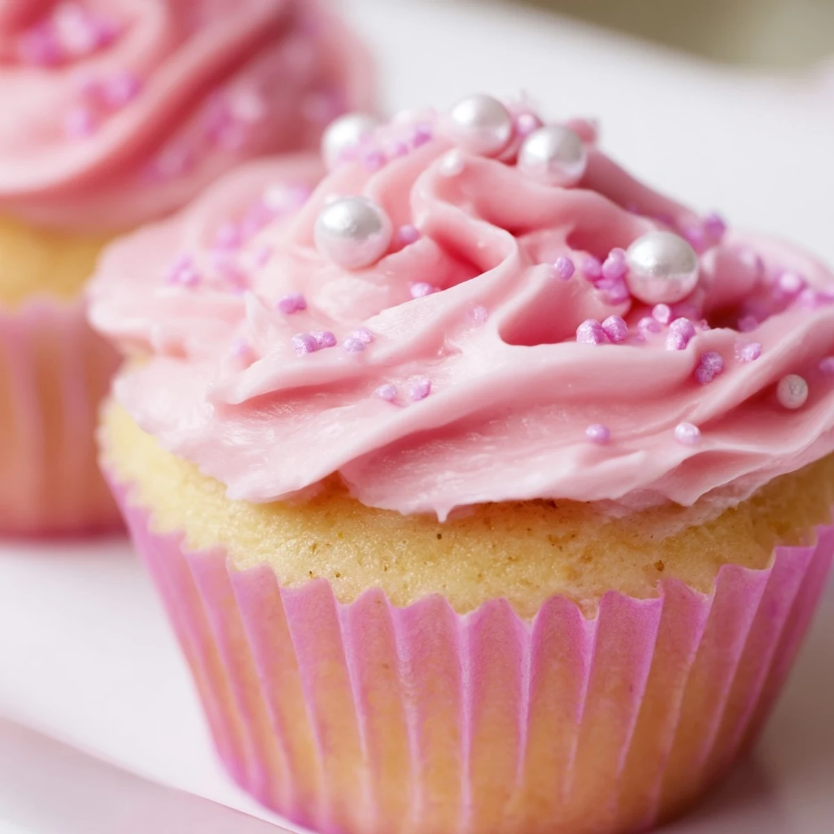 Freshly baked Girl Baby Shower Cupcakes with pink buttercream frosting sit on a cooling rack, ready for the celebration.