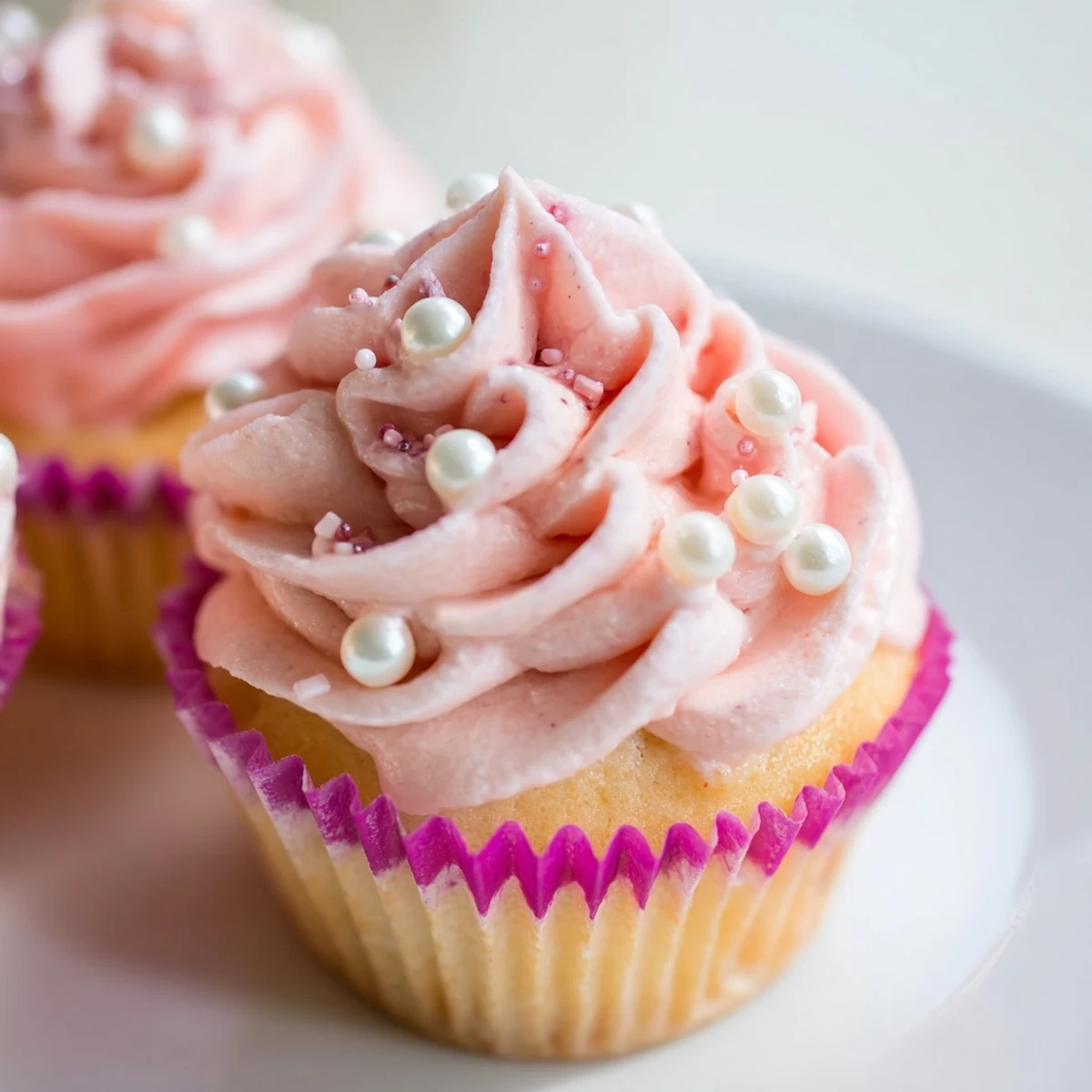 Close-up of piped pink buttercream frosting on Girl Baby Shower Cupcakes, with soft pink ribbons and baby-themed decor in the background.