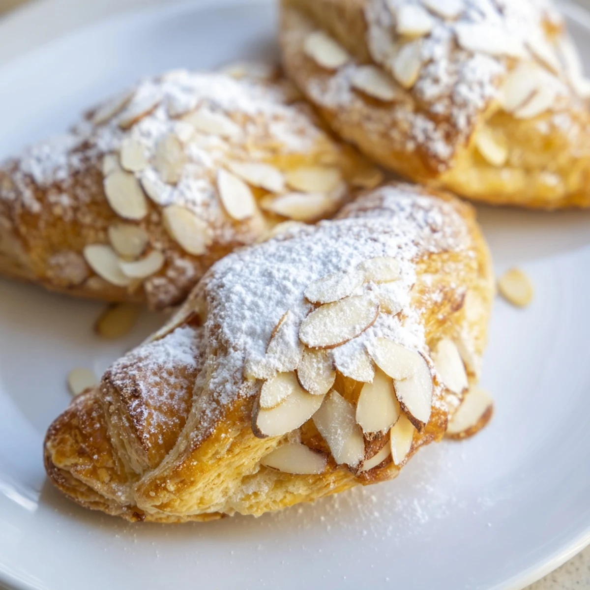 Almond Croissant Cookies arranged with sliced almonds and powdered sugar dusting on a tray