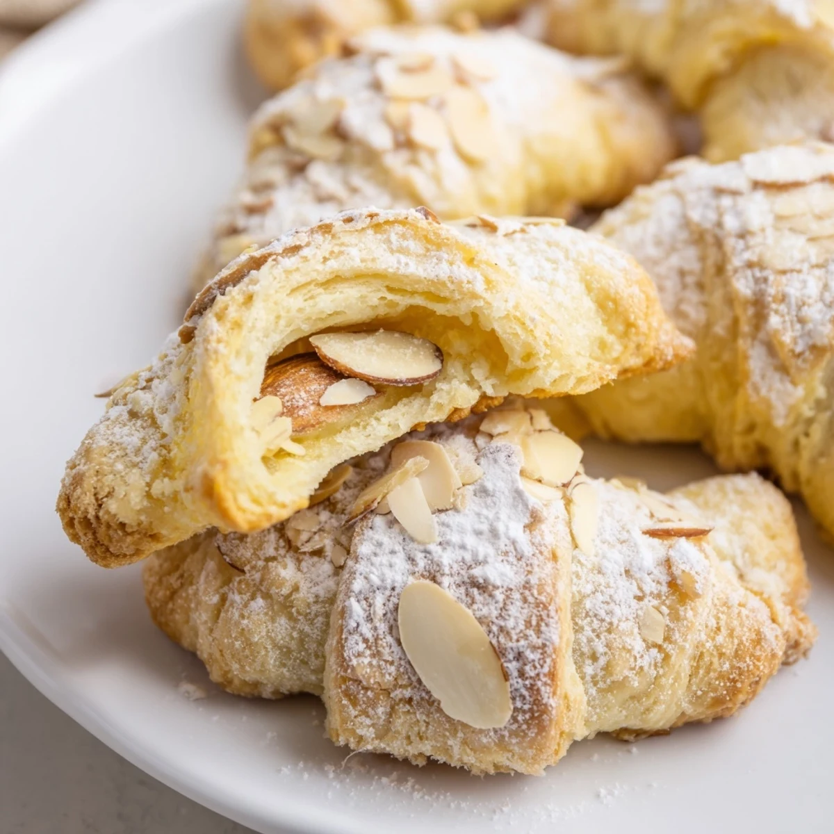 Freshly baked Almond Croissant Cookies served on a rustic plate with coffee for dipping