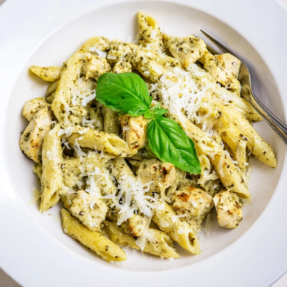 Creamy Pesto Chicken Pasta served in a white bowl, garnished with fresh basil leaves and a generous sprinkle of Parmesan cheese.