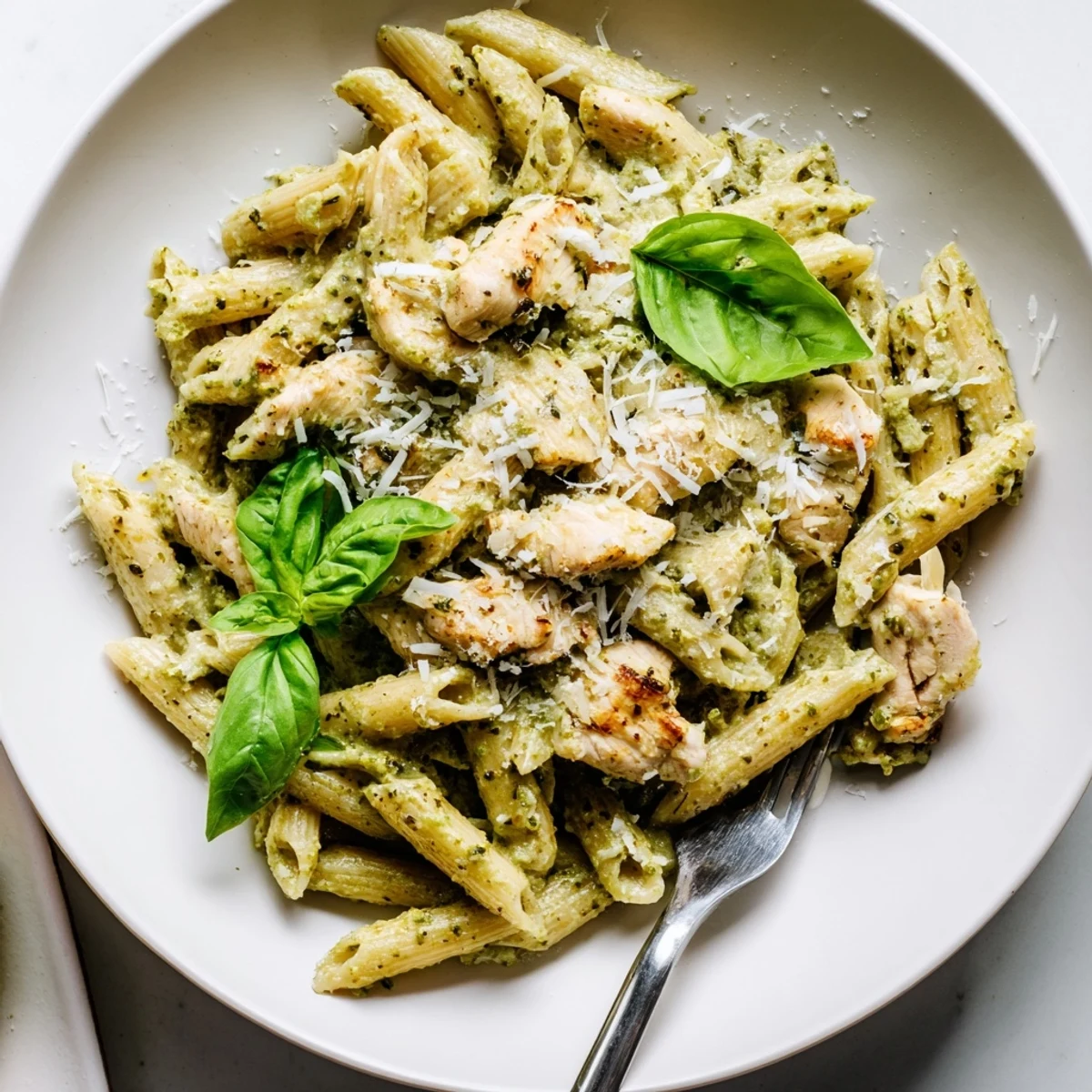 A rustic wooden table displays Creamy Pesto Chicken Pasta next to a glass of white wine, perfect for a weeknight dinner.