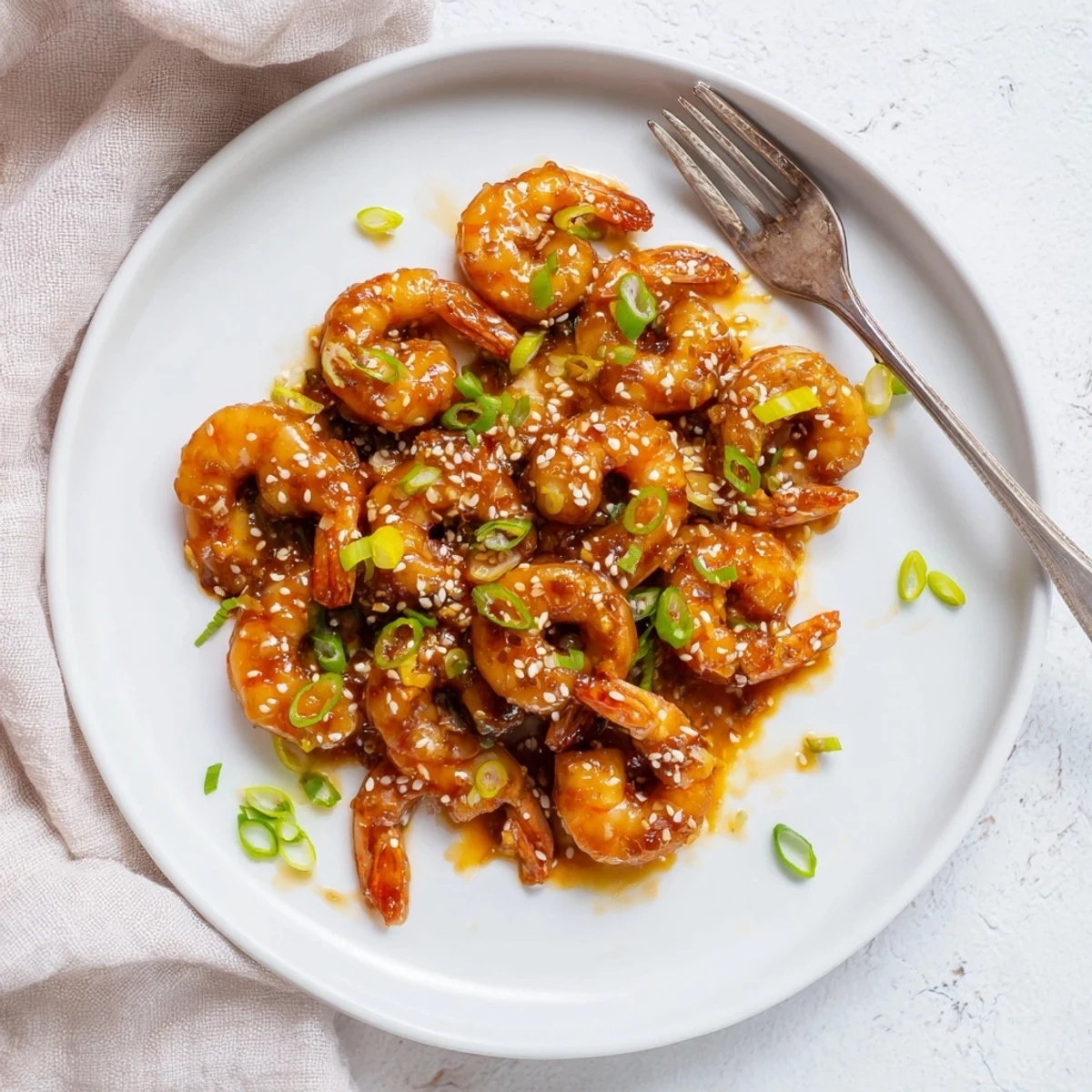 A close view of High Protein Honey Garlic Shrimp on a plate with steamed broccoli.