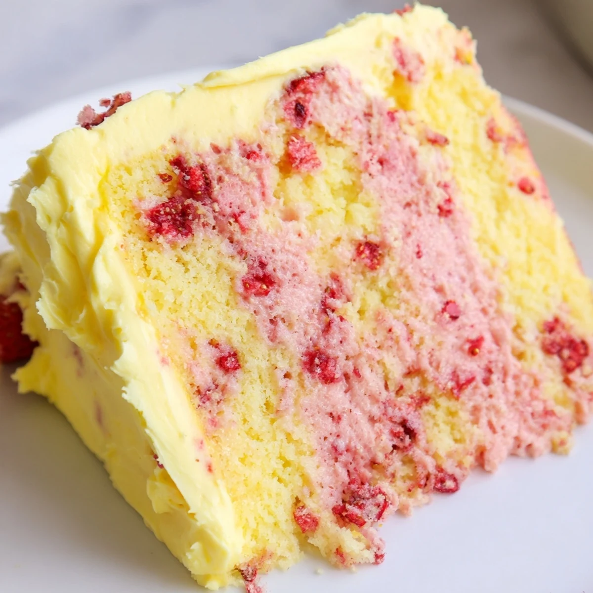 Moist layers of Strawberry Lemonade Cake With Creamy Lemon Buttercream, topped with fresh strawberry halves and zest curls.