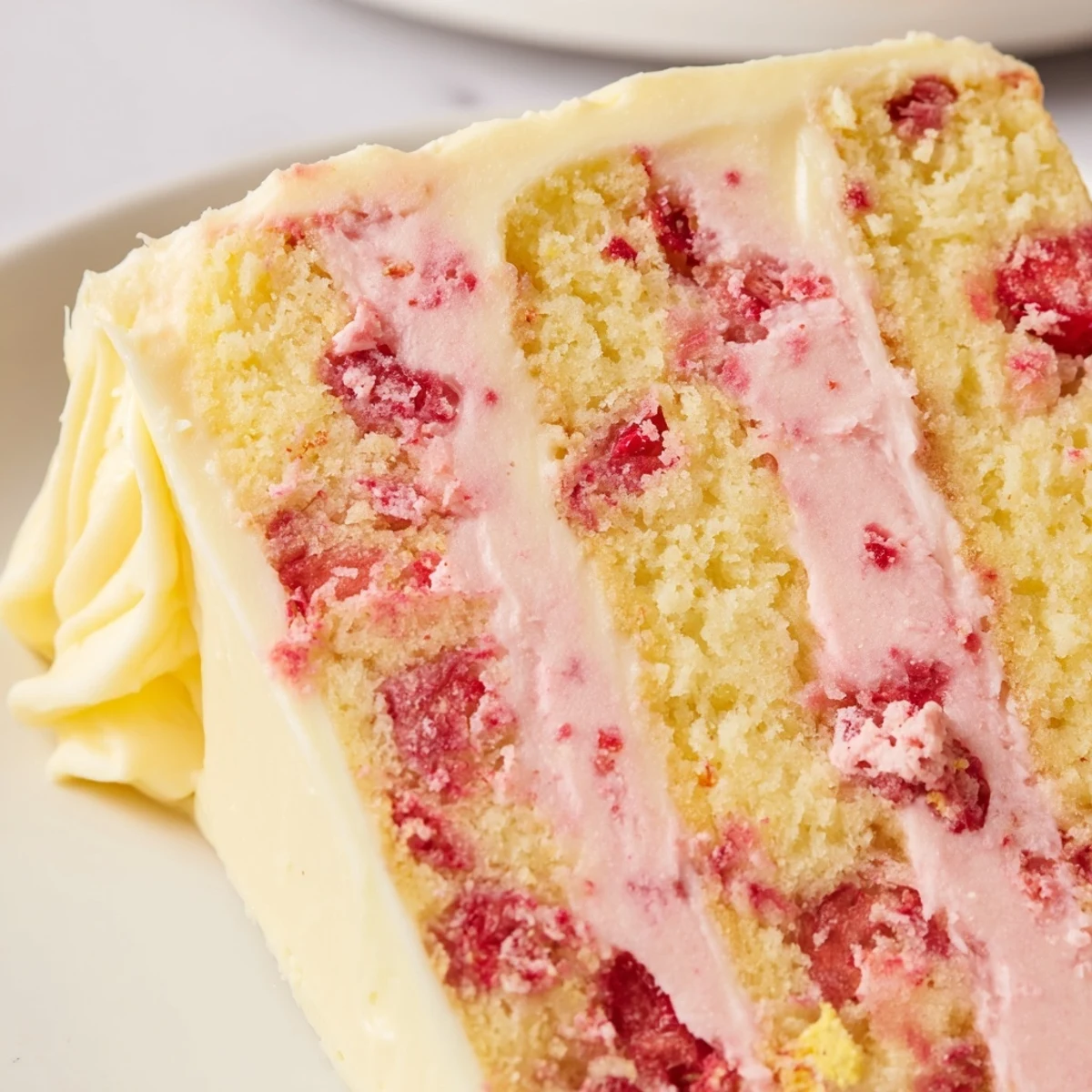 Strawberry Lemonade Cake With Creamy Lemon Buttercream on a plate, ready to slice and serve at a sunny summer picnic.