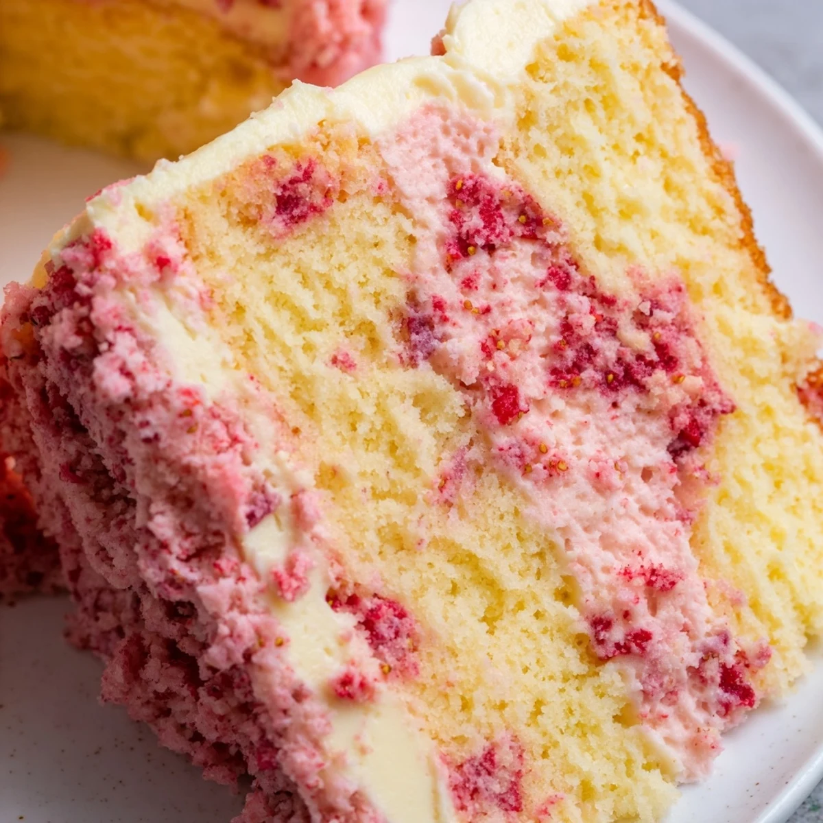 A close-up view of Strawberry Lemonade Cake With Creamy Lemon Buttercream, showing fluffy pink crumb and glossy citrus frosting.