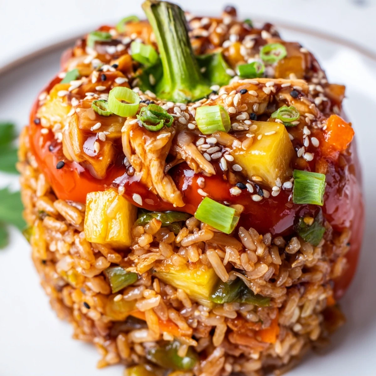 Four vibrant orange bell peppers stand upright in a baking dish, filled to the brim with fluffy rice, tender teriyaki chicken, and bright pineapple chunks. A glossy brown glaze coats the top, and green onions and sesame seeds add a fresh finish for this Teriyaki Pineapple Chicken and Rice Stuffed Peppers dish.
