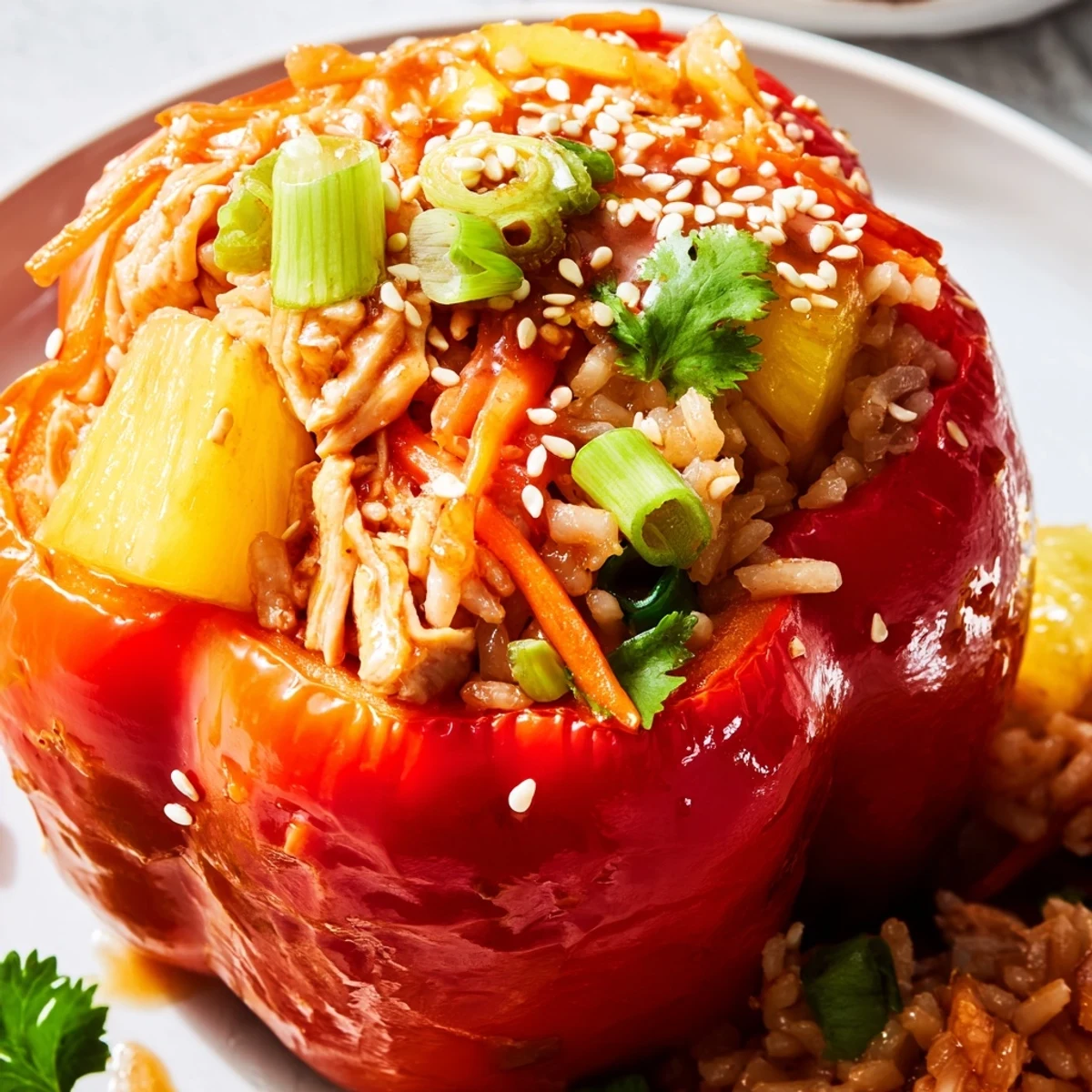 A close-up view shows a halved Teriyaki Pineapple Chicken and Rice Stuffed Pepper, revealing the steamy interior where savory chicken, sweet pineapple, and fluffy jasmine rice mix. The tender red pepper skin curves gently around the savory filling, perfect for a family dinner.