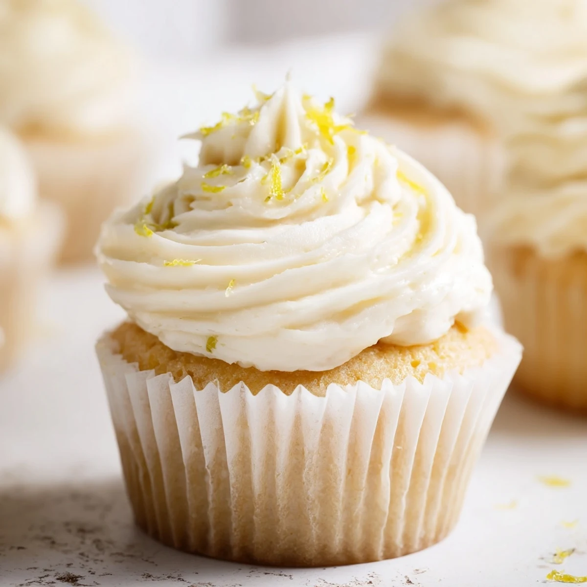 Close-up of fluffy Elderflower Cupcakes brushed with syrup and topped with creamy buttercream swirls. 