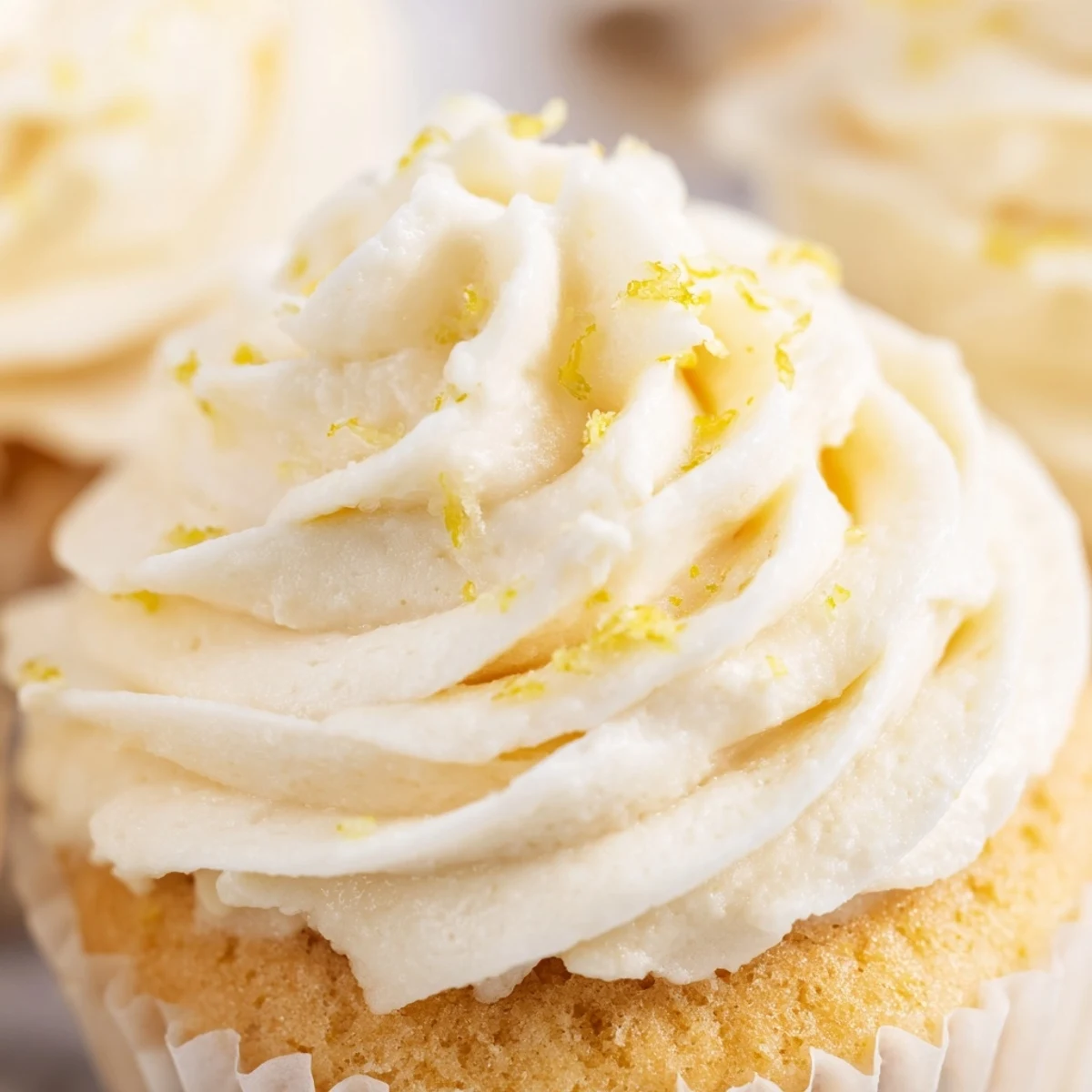 Freshly baked Elderflower Cupcakes garnished with lemon zest and delicate edible flowers on a wire rack.