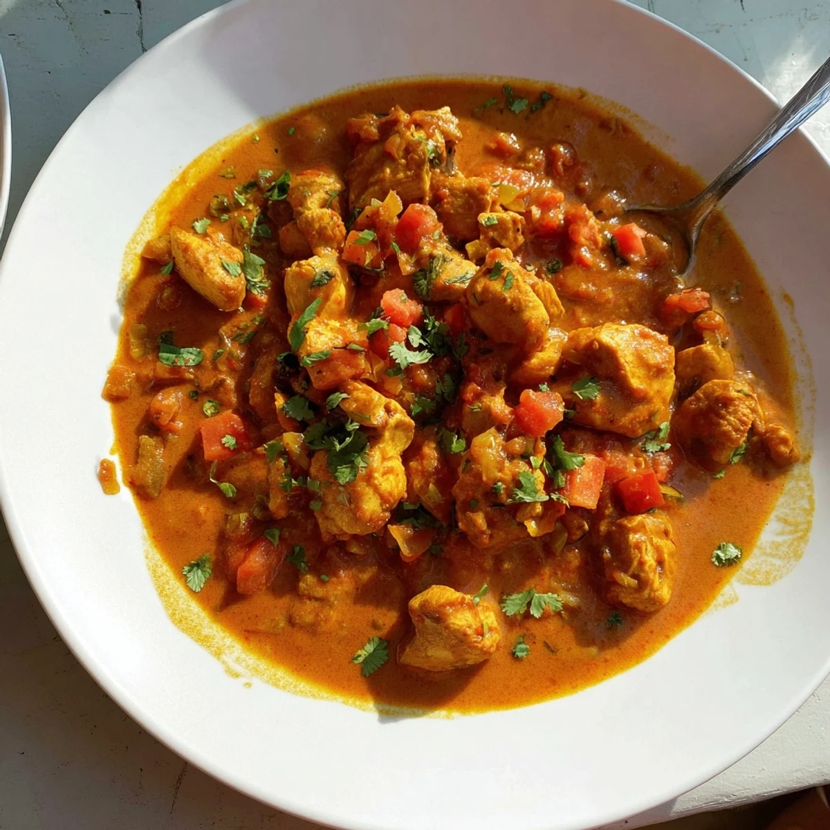 A warm bowl of Spiced Chicken Curry with Ginger, Garlic & Jalapeño garnished with cilantro and served beside fluffy basmati rice.