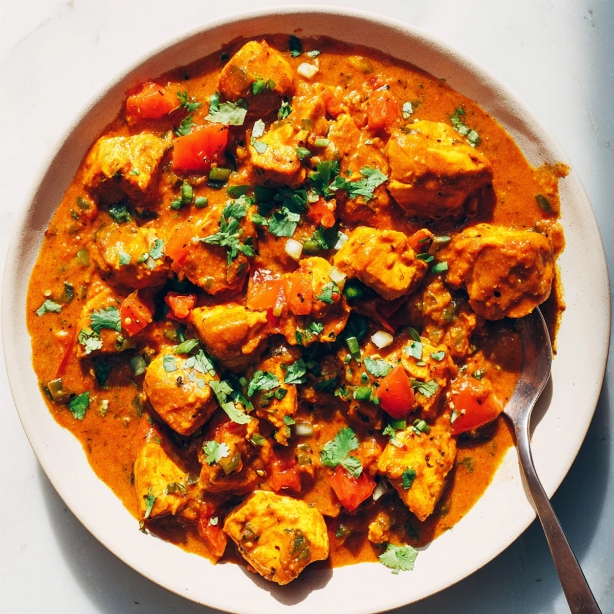 Spiced Chicken Curry with Ginger, Garlic & Jalape simmering in a skillet, showcasing a thick, aromatic tomato-based sauce with tender chicken pieces.