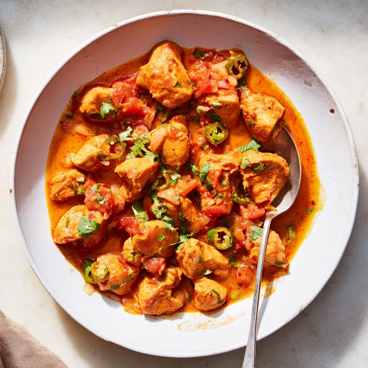 Close-up of Spiced Chicken Curry with Ginger, Garlic & Jalape alongside soft naan bread, perfect for scooping up the creamy, spicy sauce.