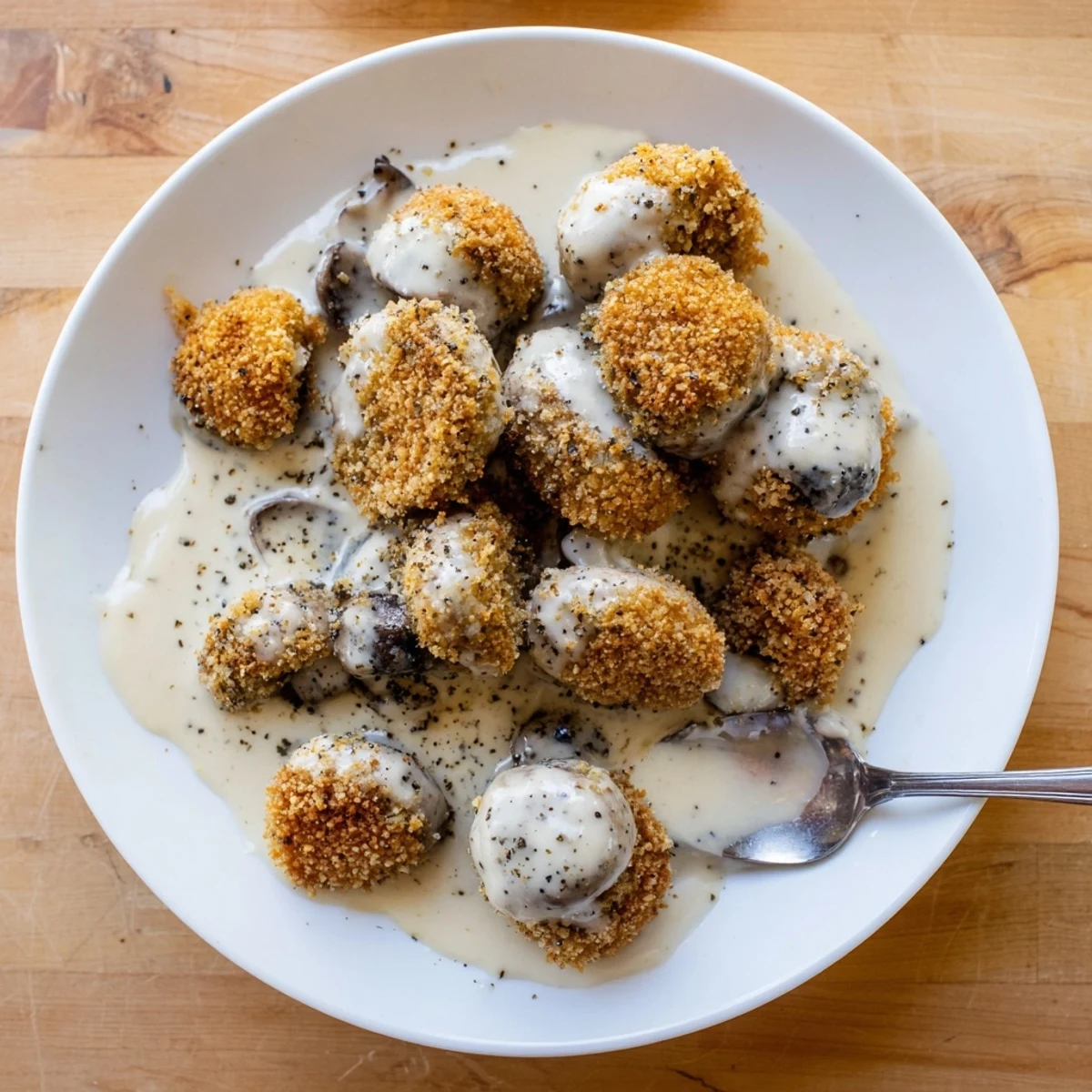 Crispy golden-brown Chicken Fried Mushrooms with Gravy, served steaming in a rustic dish.