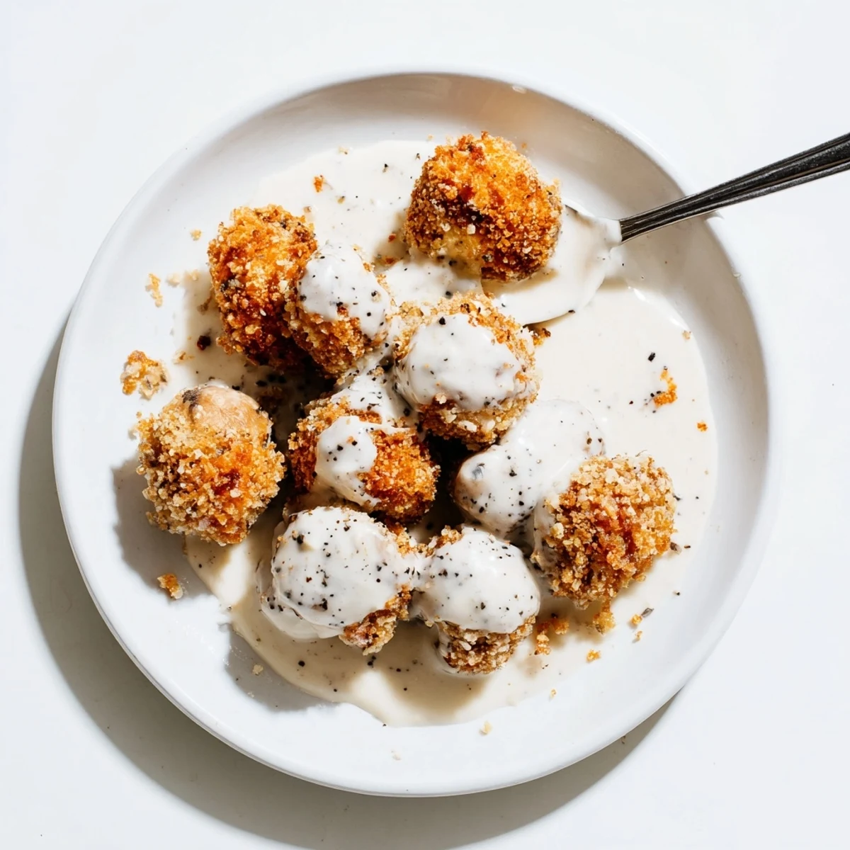 Thick slices of battered mushrooms topped with creamy white peppery gravy for a Southern-style vegetarian meal.