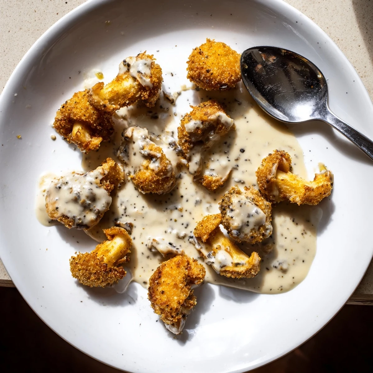 Tender cremini mushrooms fried until crunchy, smothered in savory gravy, perfect over mashed potatoes.