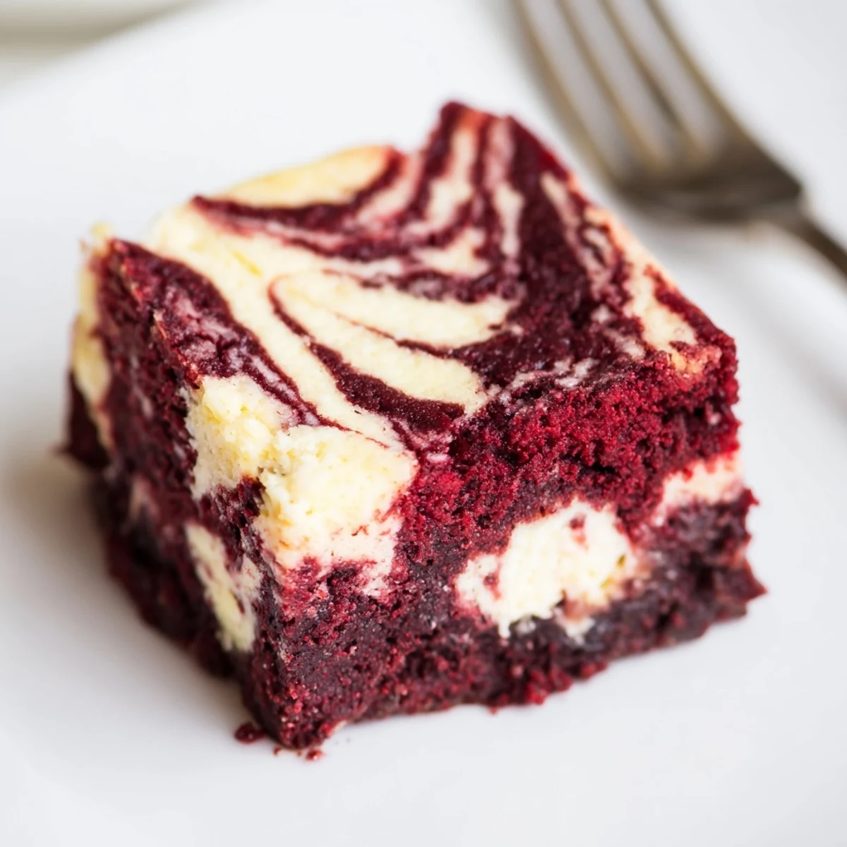 A close view of Red Velvet Cheesecake Brownies cut into squares.