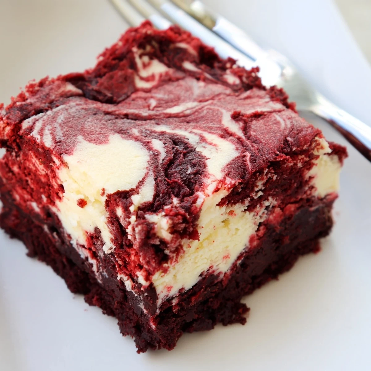Swirled Red Velvet Cheesecake Brownies with a rich, creamy layer on top.