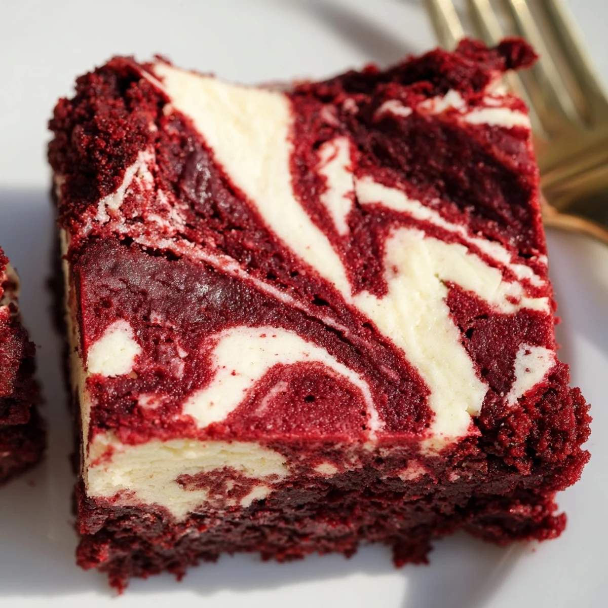 Freshly baked Red Velvet Cheesecake Brownies served on a white plate.