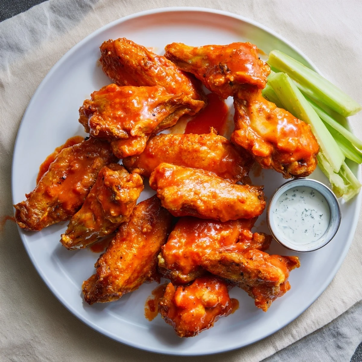 Freshly prepared Crispy Smoked Buffalo Wings arranged on a serving tray with celery, carrots, and ranch dressing for a perfect game day snack.