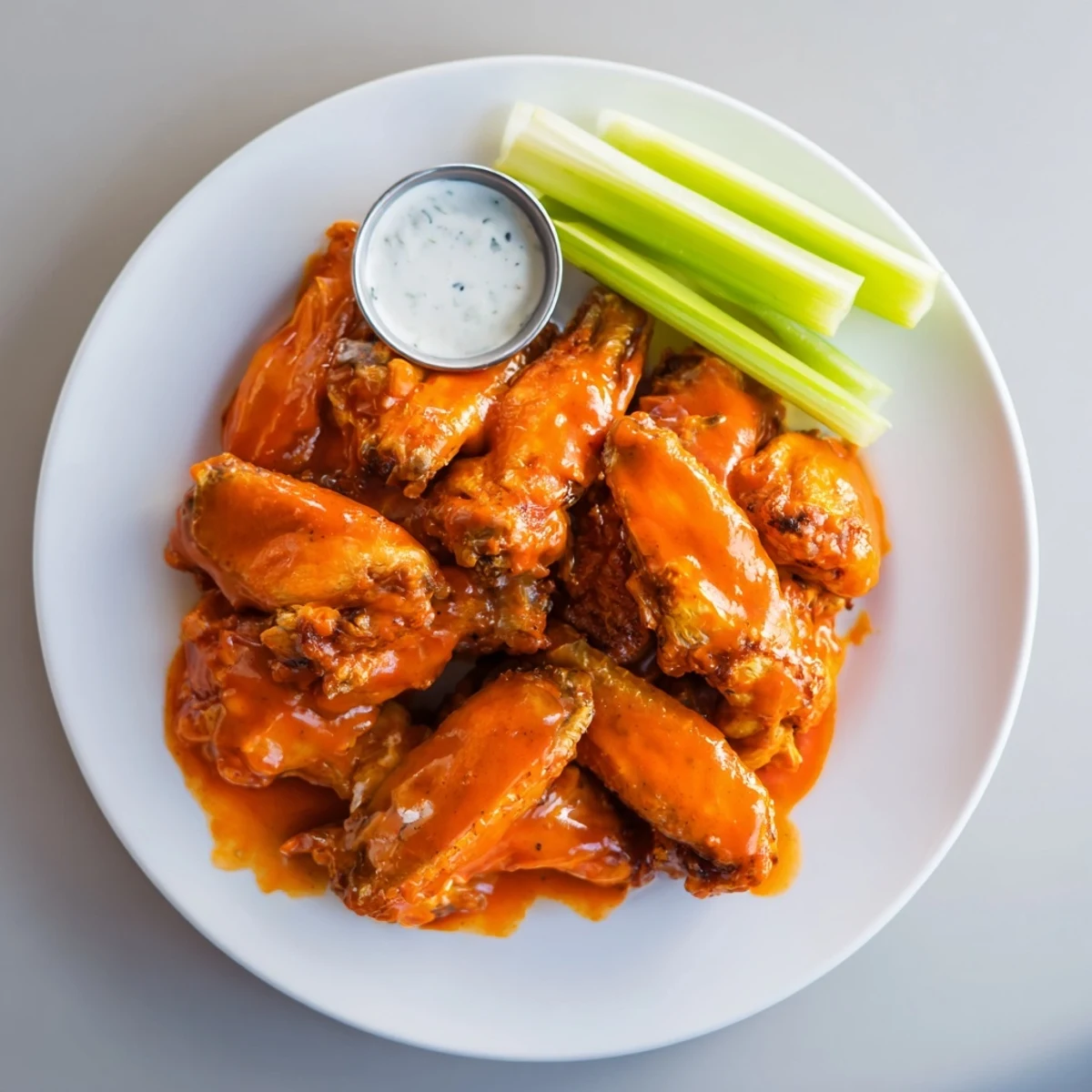 Golden brown Crispy Smoked Buffalo Wings glistening with tangy sauce, served with crunchy celery sticks and creamy blue cheese dip on a rustic platter.