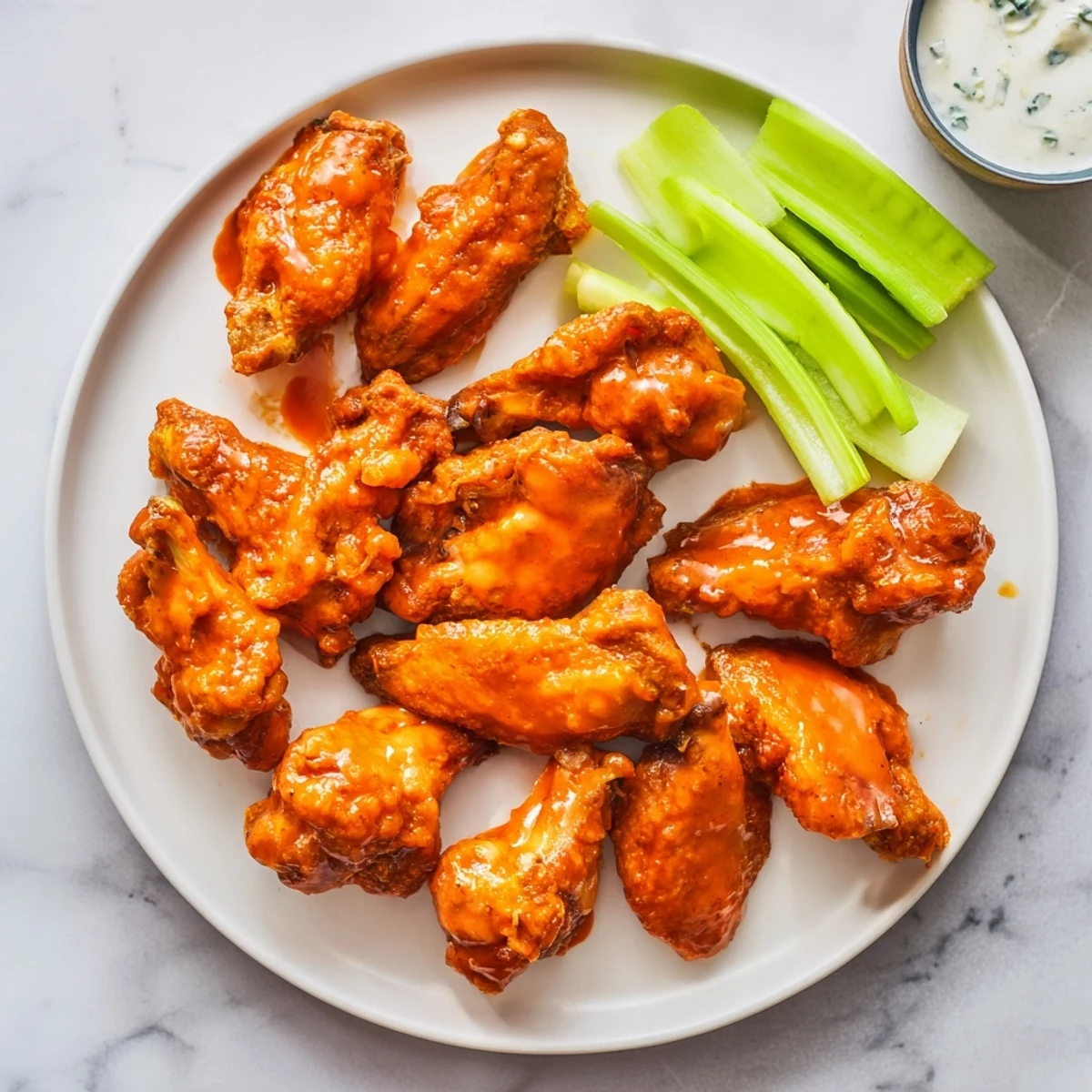 Close-up photo of Crispy Smoked Buffalo Wings with crispy skin, smoky wood-fired aroma, and buttery buffalo sauce ready to be enjoyed by friends.