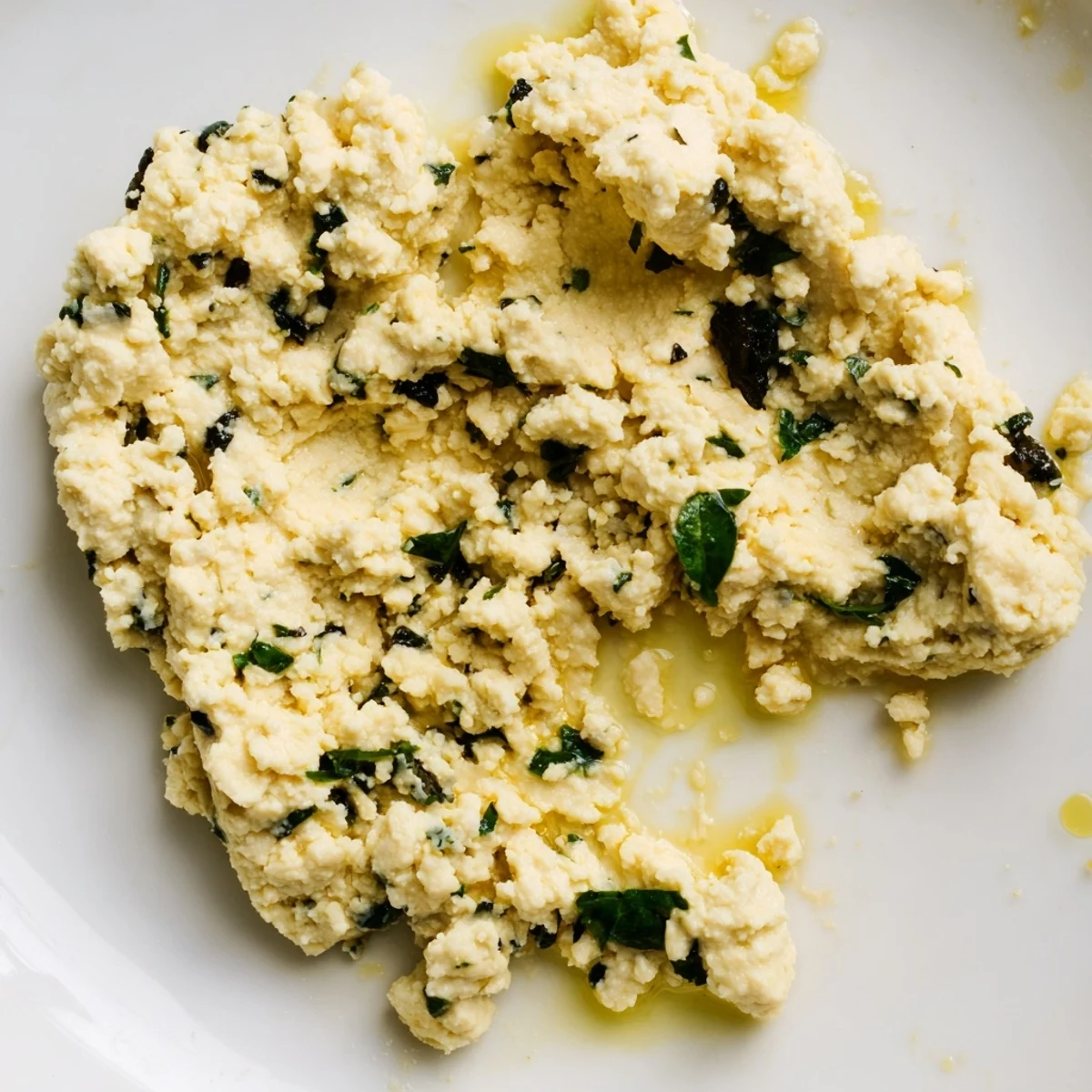 Bowl of Tofu Ricotta garnished with chopped parsley and olive oil, perfect for stuffed shells.