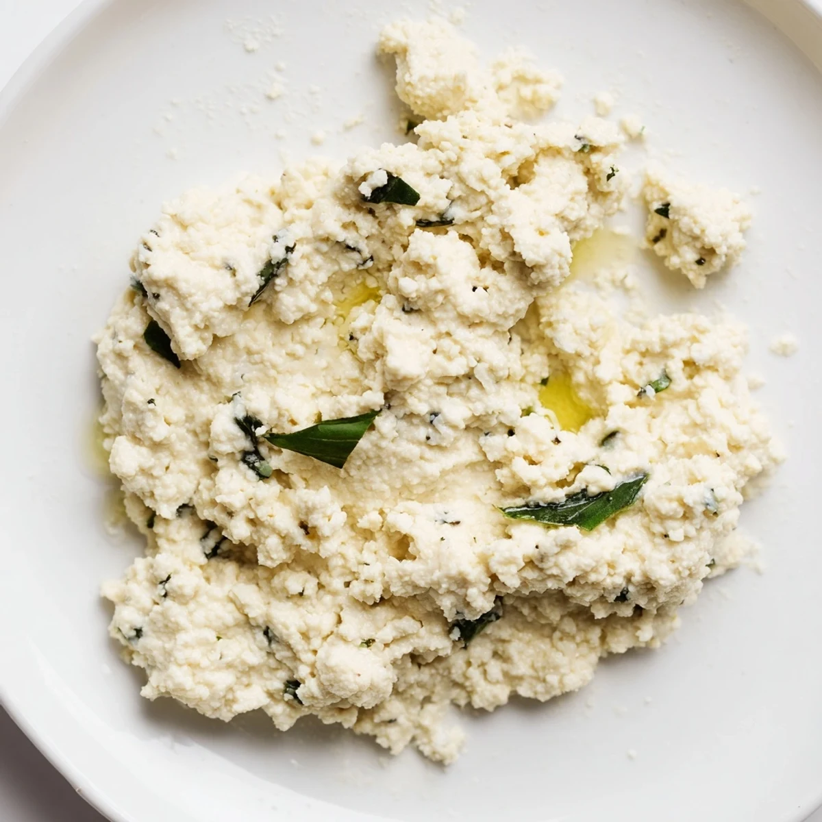 Vegan Tofu Ricotta spread on a slice of crusty bread with roasted garlic and herbs.
