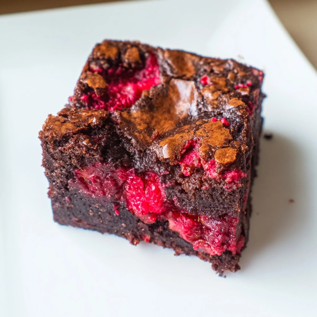 A close-up of Raspberry Swirl Brownies showing fudgy squares with tangy red berry veins.