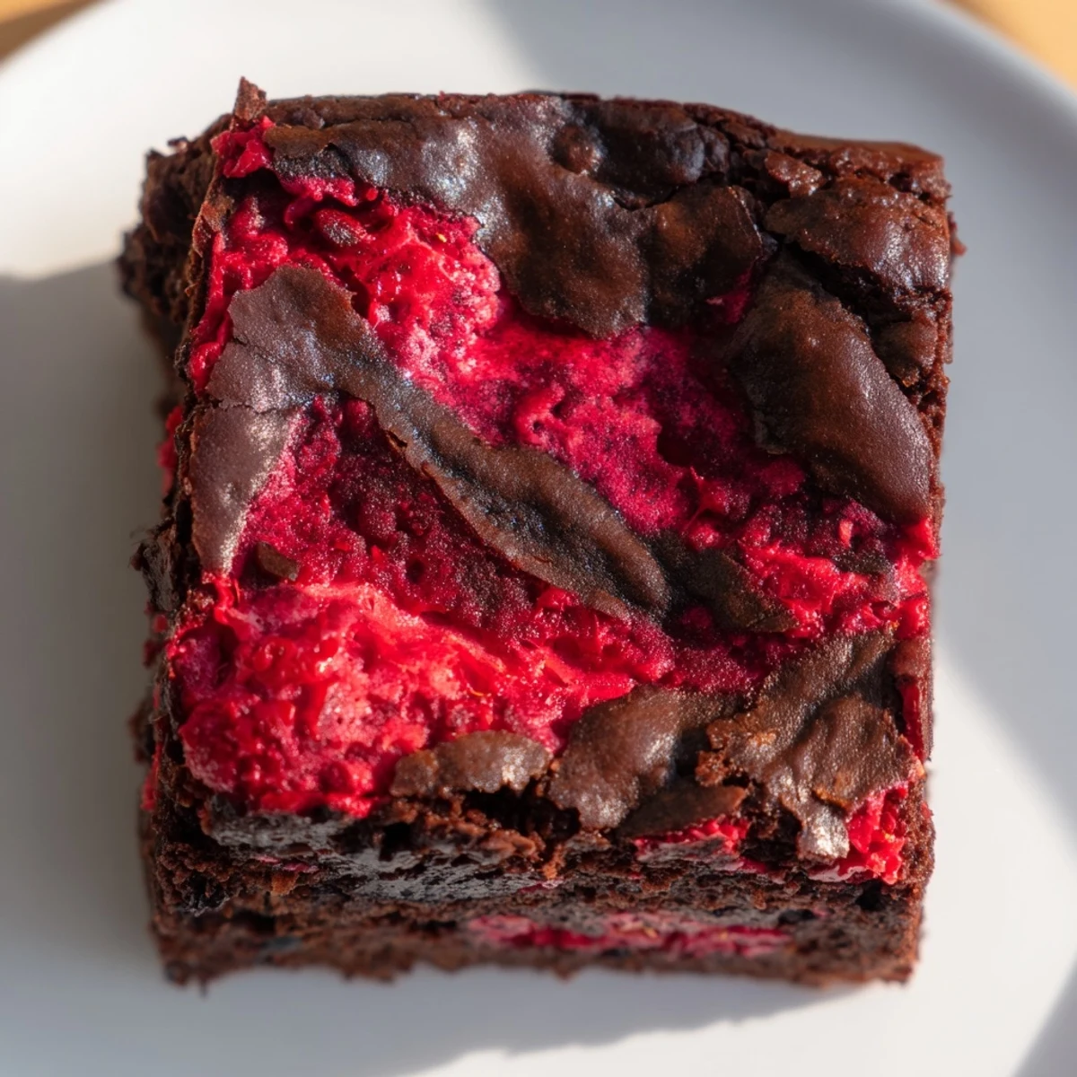 A pan of homemade Raspberry Swirl Brownies, glossy finish with visible chocolate texture.