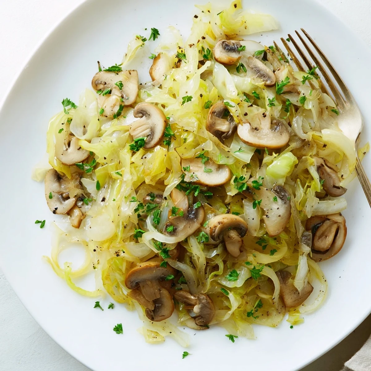 Rustic white bowl filled with Vegetarian Cabbage Mushroom Sauté, showcasing tender cabbage ribbons and golden onions, ready to enjoy.