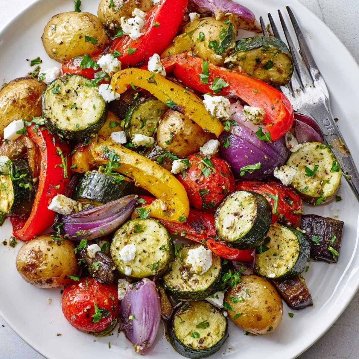 Freshly roasted One Pan Greek Vegetables sizzling from the oven, featuring tender zucchini and bell peppers.