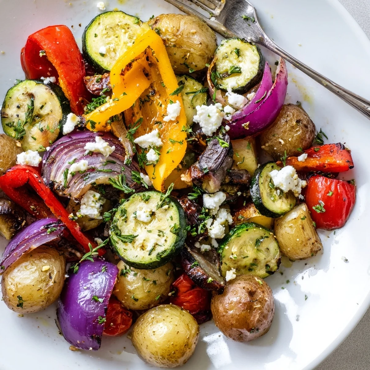 Colorful One Pan Greek Vegetables roasted with olive oil and herbs, served with lemon wedges.